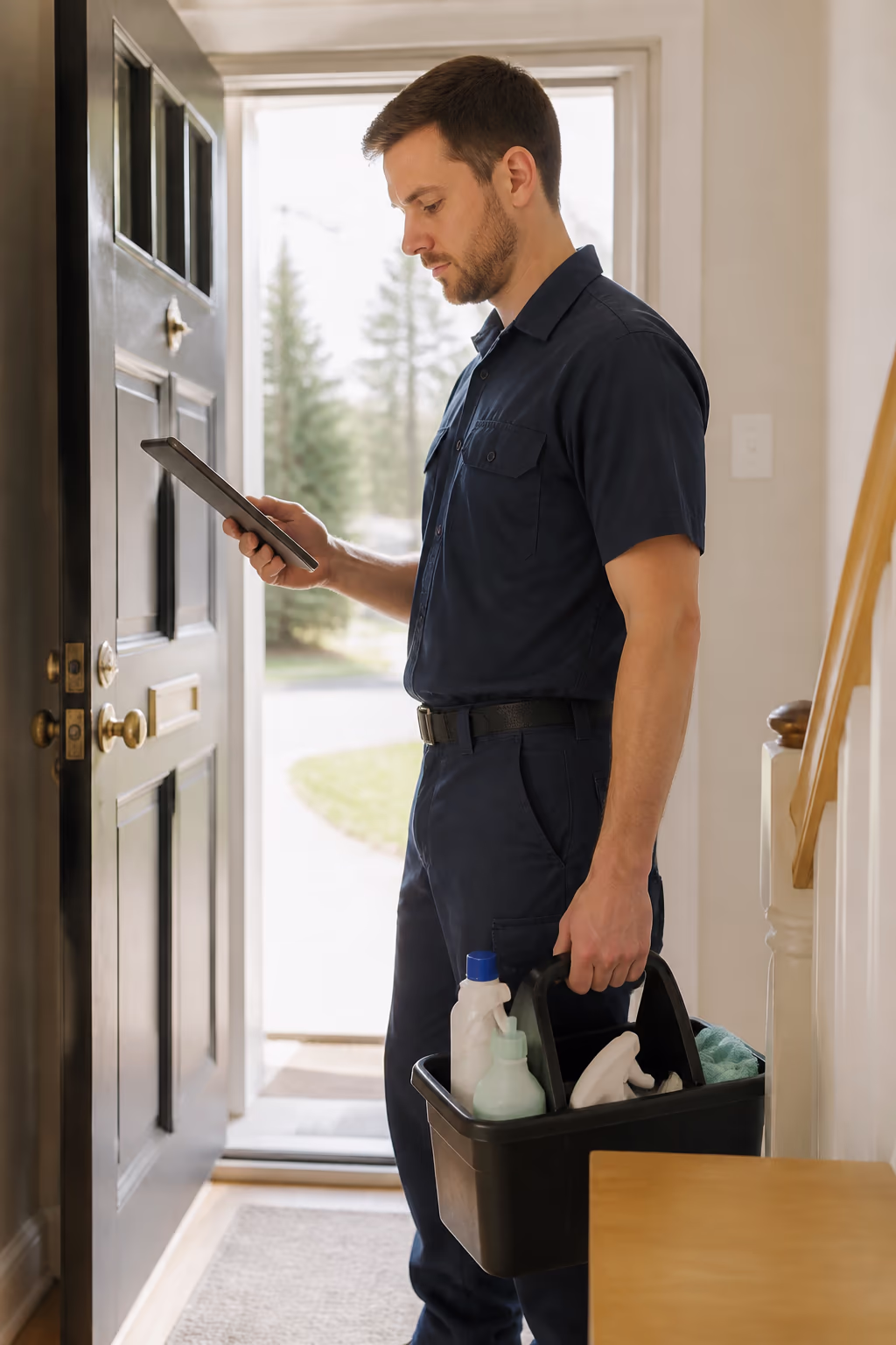 A portrait of a professional cleaning team member in uniform at the door of an Ottawa home, holding a caddy of supplies and a tablet checklist.