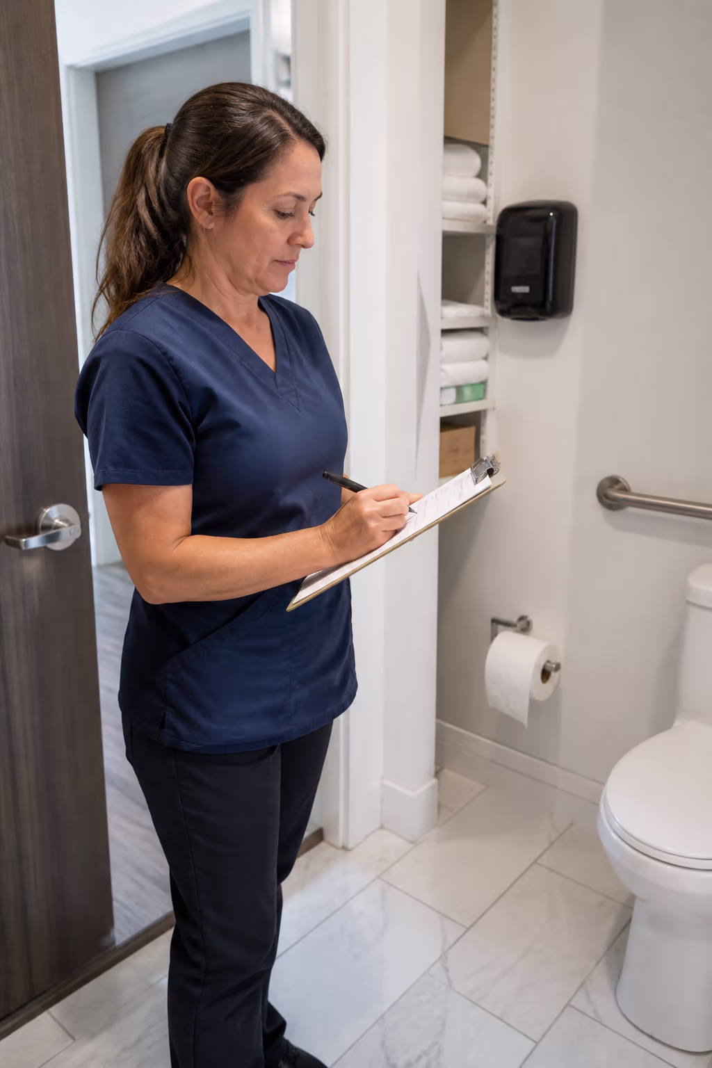 A portrait of a medical office cleaner in uniform logging a completed clean on a clipboard checklist beside a restocked washroom in an Ottawa clinic.
