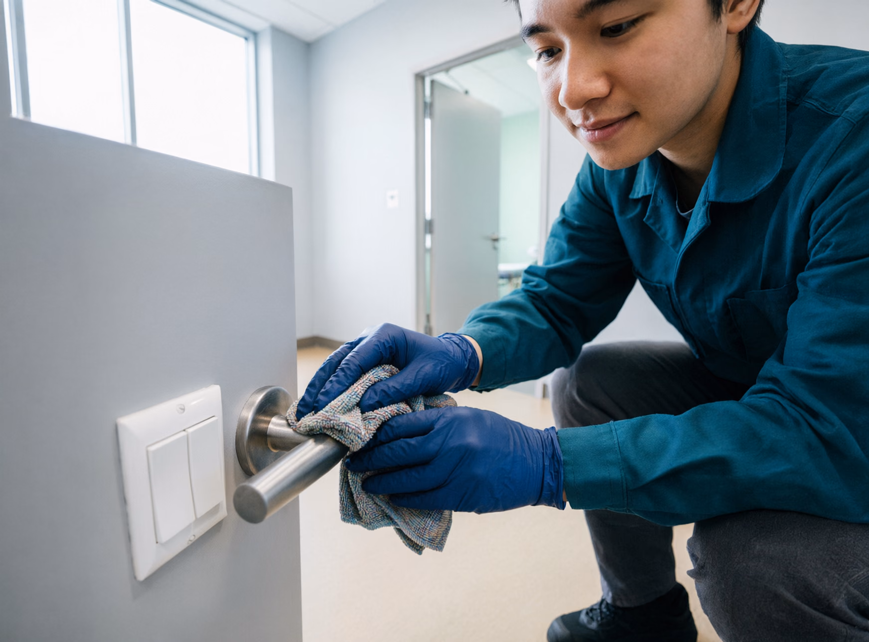 A close view of a cleaner's gloved hands disinfecting a door handle and light switch in a bright Ottawa medical office, using a colour-coded microfibre cloth.