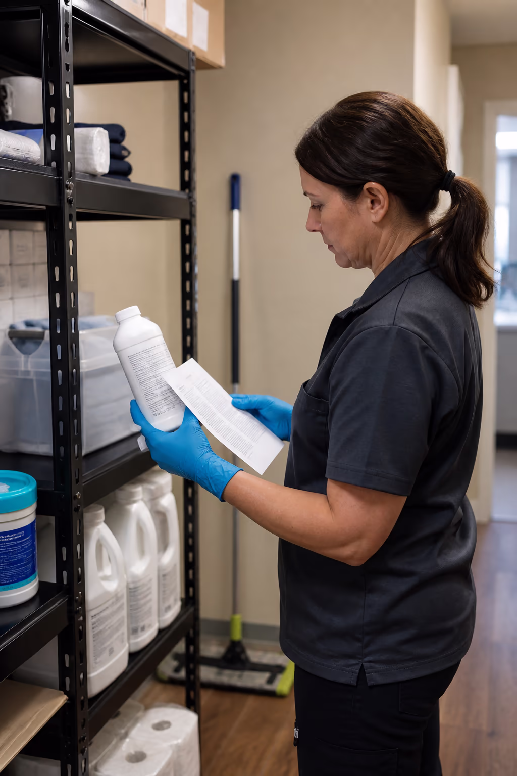A portrait of a professional cleaner checking the label of a licensed disinfectant bottle and its safety data sheet before use in a medical office supply room in Ottawa.