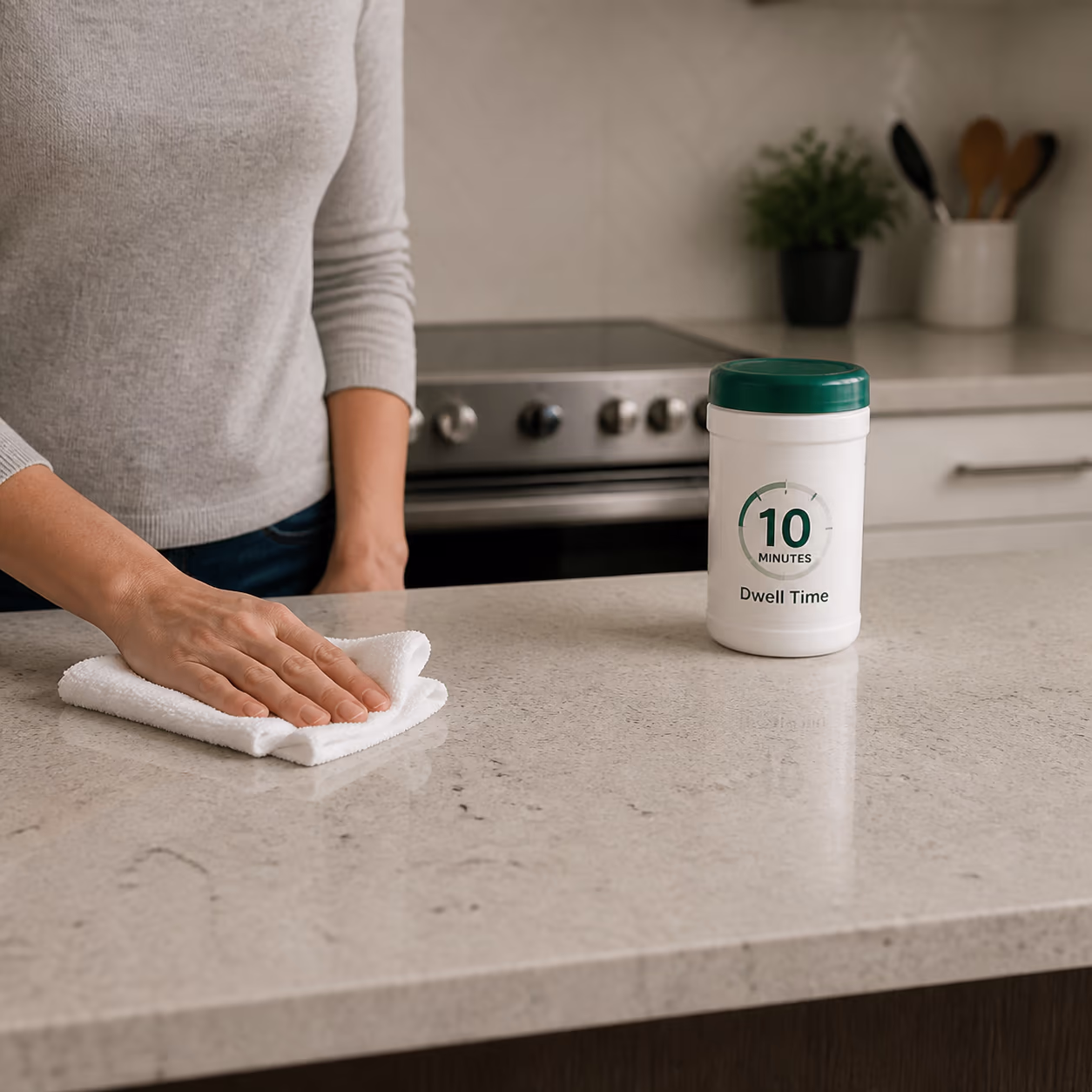 A split close-up of a freshly wiped kitchen counter showing visible, everyday cleanliness beside a registered disinfectant with a dwell-time label, illustrating the difference between a good clean and a sterile clean in an Ottawa home.