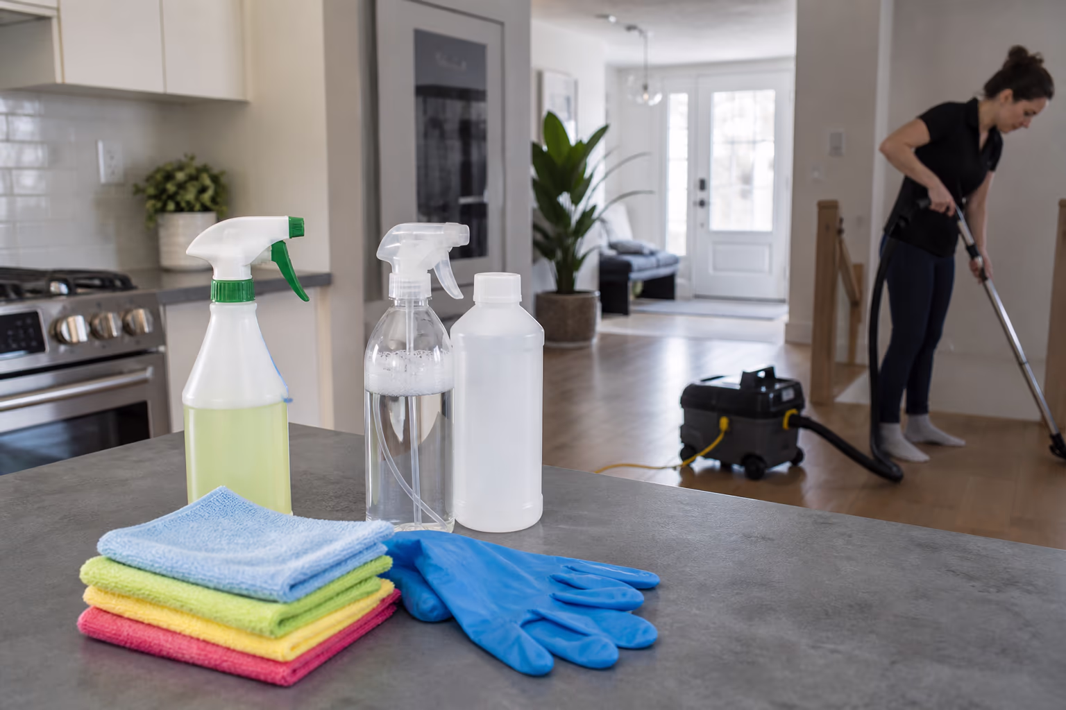 A landscape view of a home cleaning starter kit laid out on a counter: microfibre cloths, a pH-neutral all-purpose cleaner, a registered disinfectant, a small vacuum and rubber gloves in a bright Ottawa home.