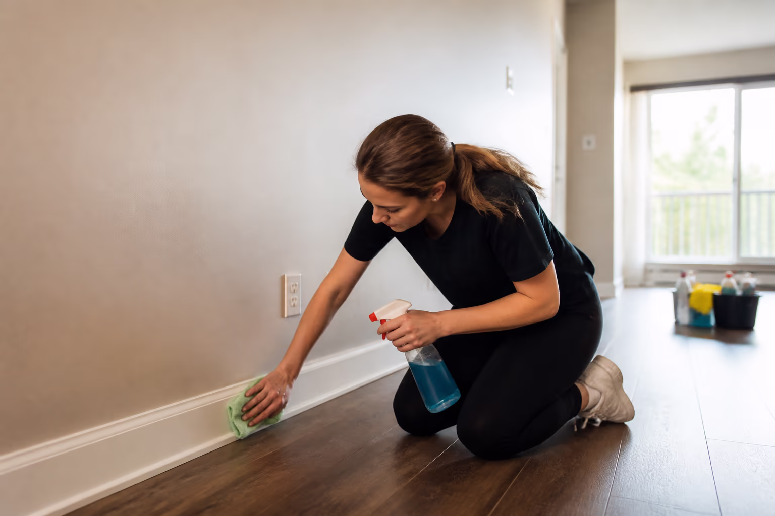 A professional cleaner dusting baseboards and light fixtures in an empty Ottawa living room during a move-out clean, with floors cleared and supplies staged for the final walkthrough.