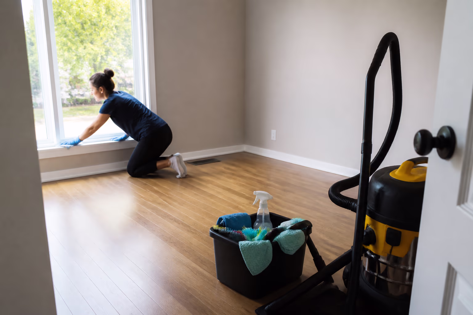 A wide view of a cleaner working top to bottom in an empty Ottawa bedroom, wiping a window sill and baseboard while a vacuum and supplies wait by the door during a step-by-step move-out clean.