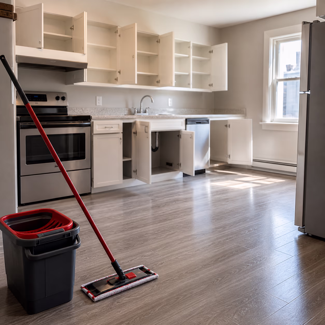 A square view of a spotless empty kitchen in an Ottawa rental at move-out, with open cupboards, a polished stainless sink and freshly mopped floors ready for the landlord's final inspection.