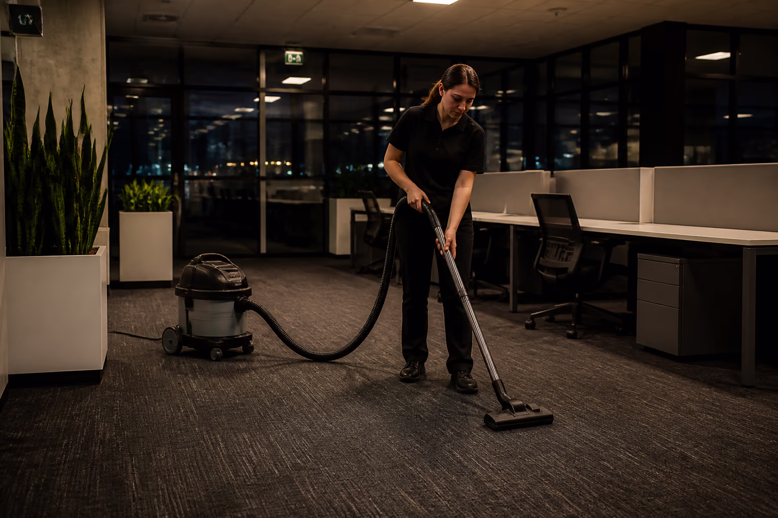 Two professional office cleaners moving through an open-plan Ottawa office after hours, vacuuming and wiping desks while the workspace is empty and lit for the evening clean.