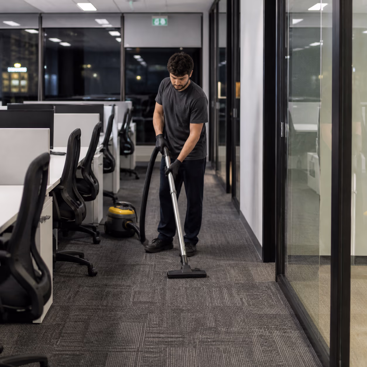 A square view of a cleaner vacuuming a carpeted office aisle beside rows of empty desks and chairs during an evening office clean in Ottawa.