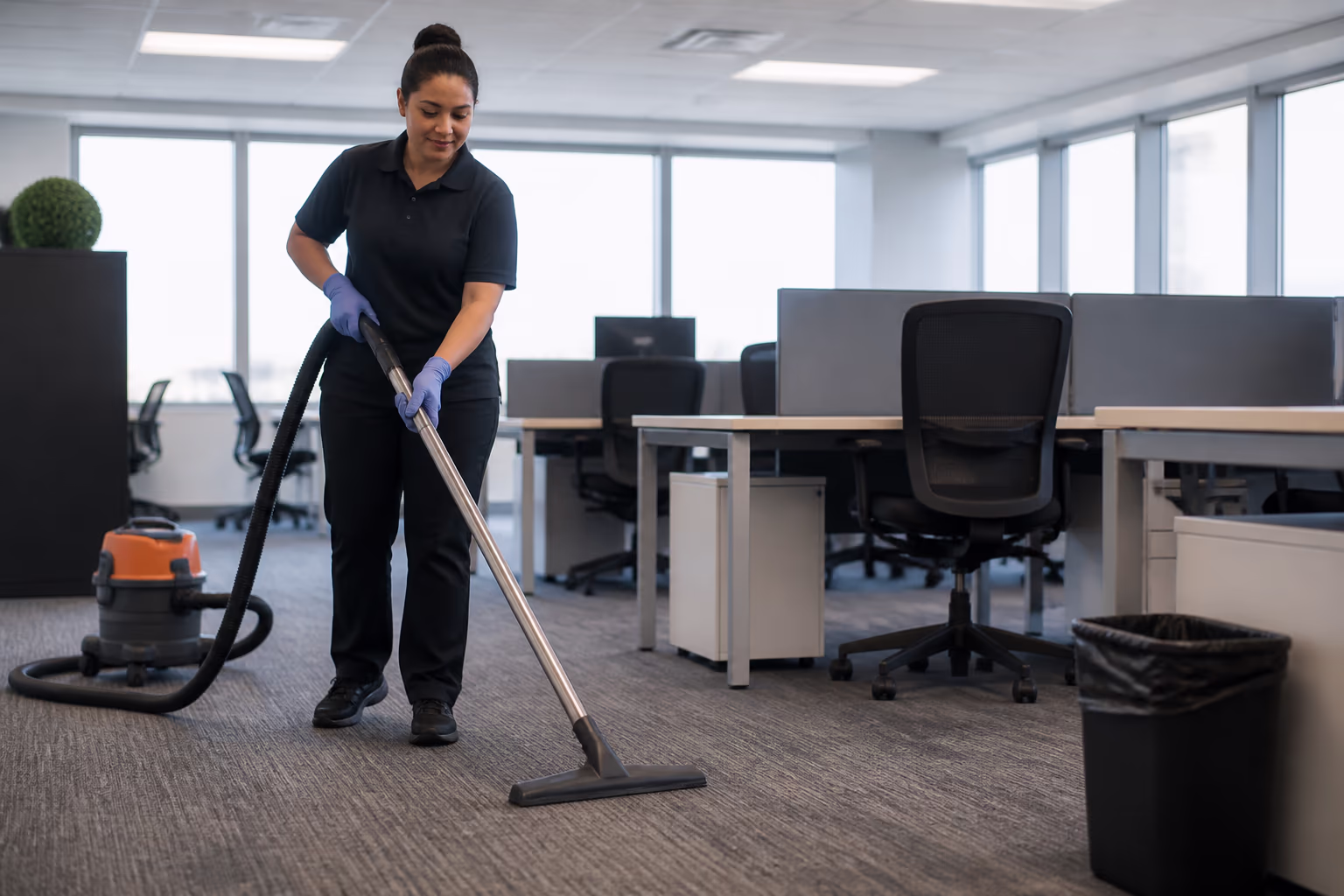 A wide morning view of a freshly cleaned open-plan Ottawa office, with polished desks, emptied bins and floors vacuumed and mopped before the first staff arrive.
