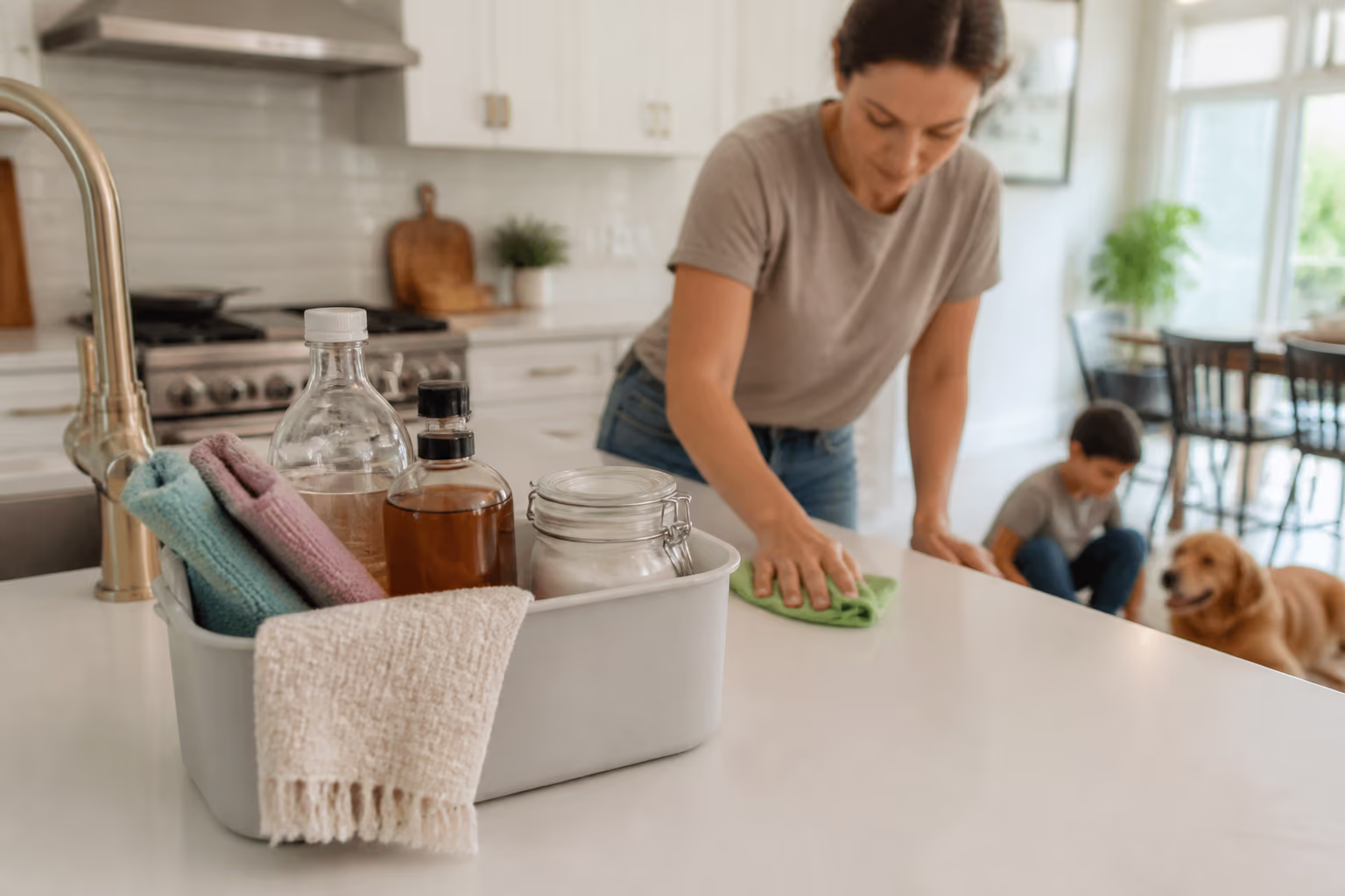 A family-safe cleaning caddy holding vinegar, baking soda, castile soap and microfibre cloths on a bright kitchen counter in an Ottawa home with children and pets.