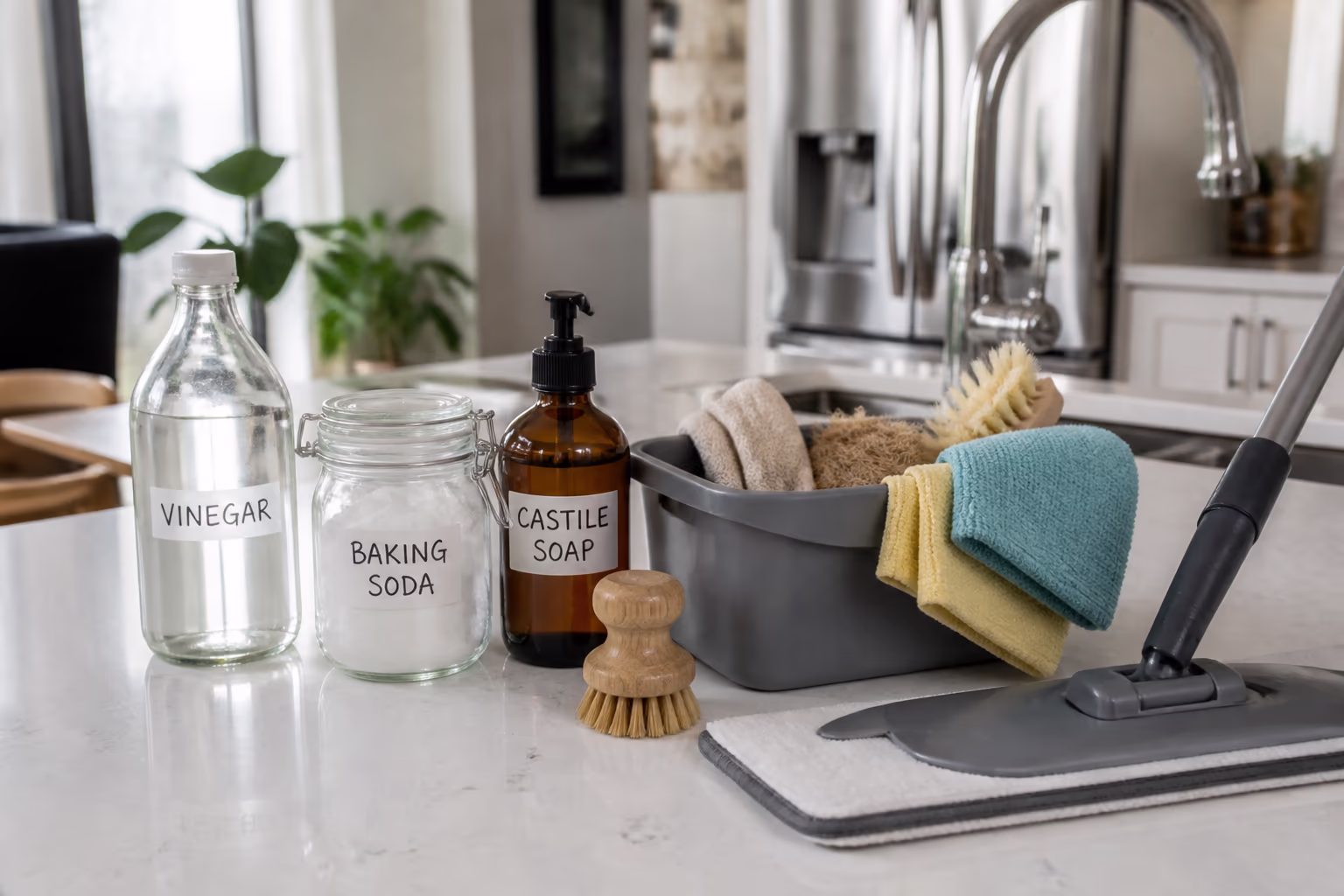 A landscape view of a family-friendly cleaning kit on a bright Ottawa kitchen counter, with vinegar, baking soda, castile soap, microfibre cloths and a steam mop.