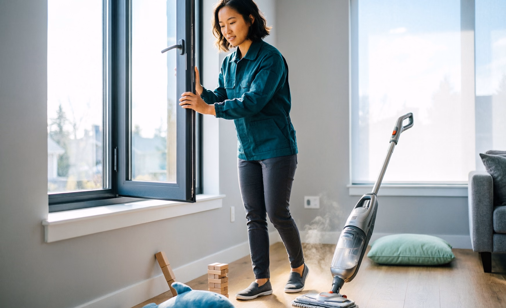 A portrait of a parent opening a window to air a room while a steam mop dries a sealed hard floor in a bright Ottawa home, with toys nearby.