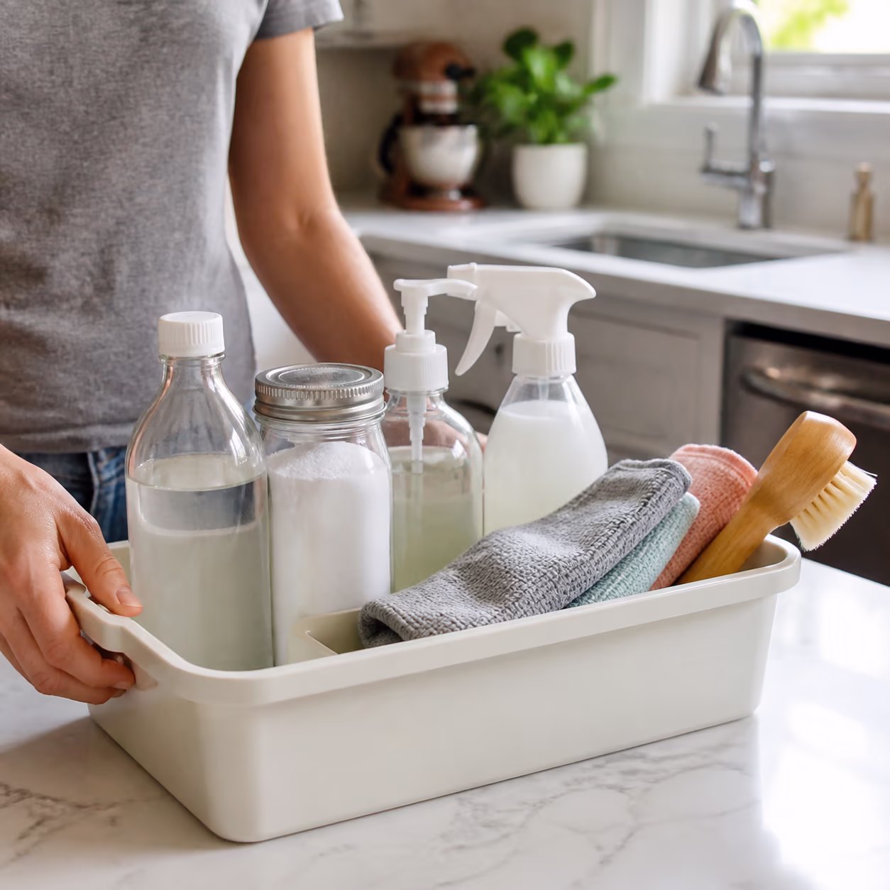 A square close-up of a family-safe cleaning caddy on a bright Ottawa kitchen counter, with vinegar, baking soda, castile soap, microfibre cloths and a gentle all-purpose cleaner.