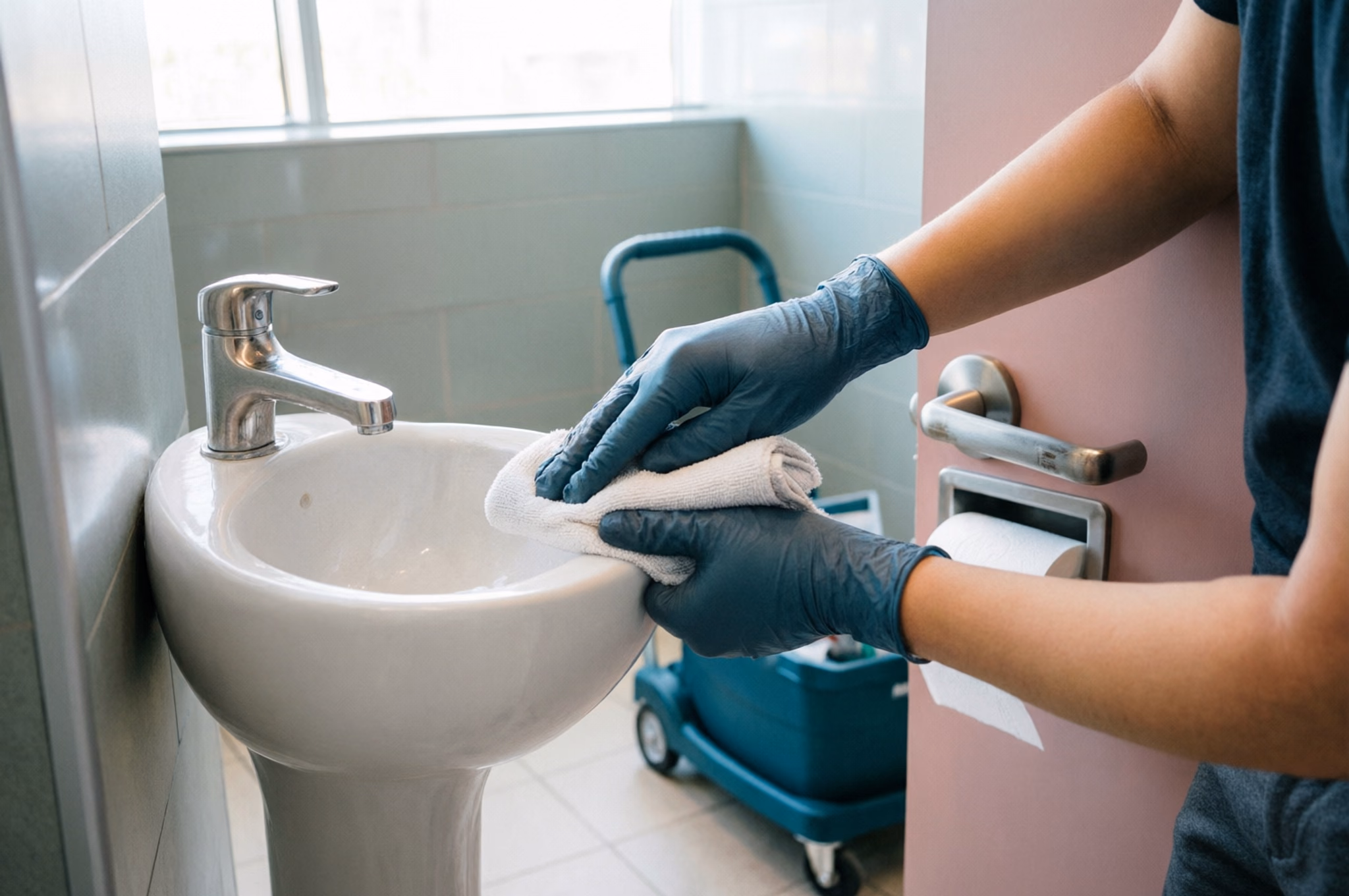A square close-up of a commercial cleaner disinfecting an office washroom tap, door handle and paper dispenser with a microfibre cloth in a bright Ottawa workplace.