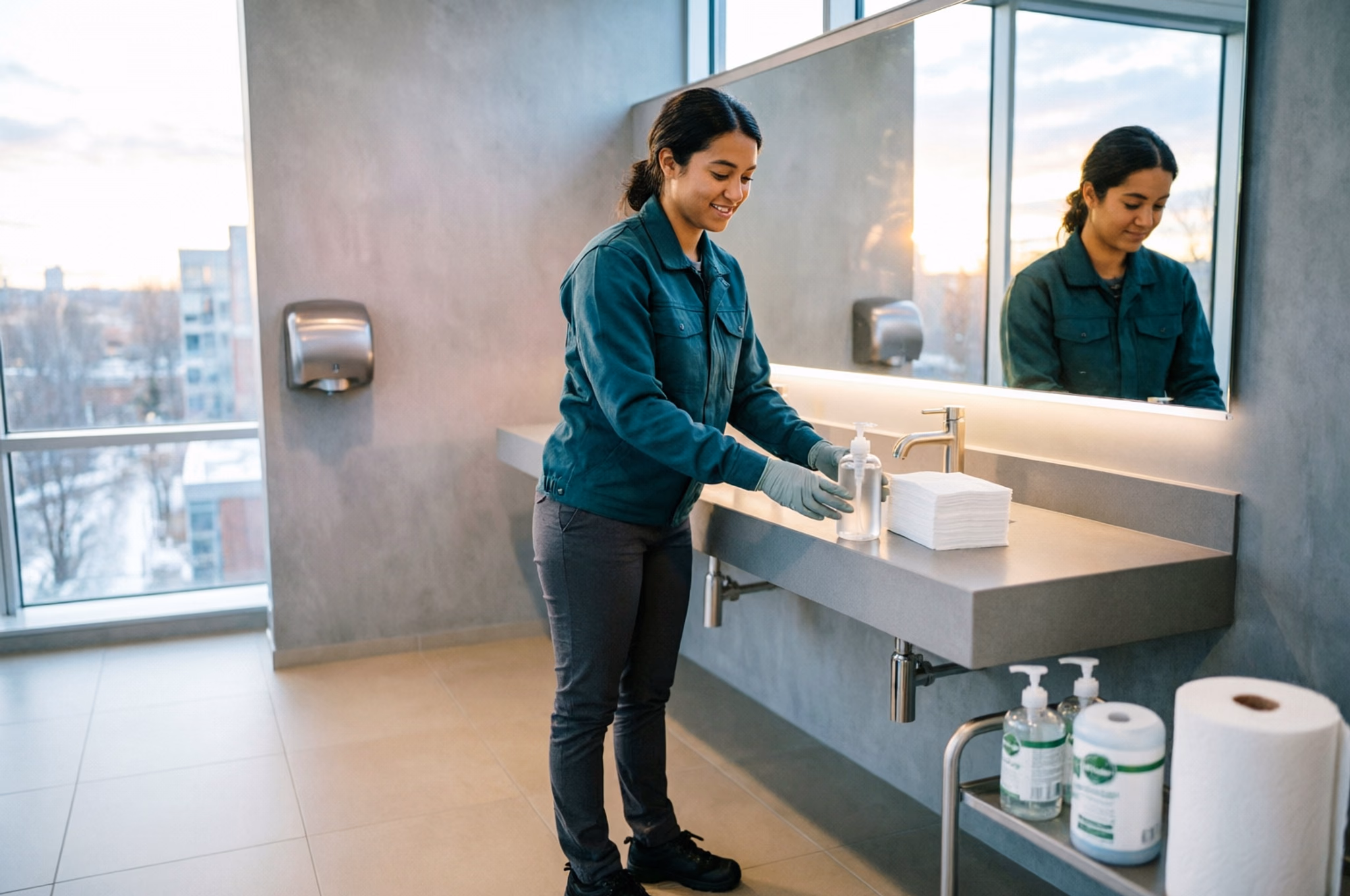 A portrait of a cleaning technician in uniform restocking an Ottawa office washroom with soap and paper towels beside a clean mirror.