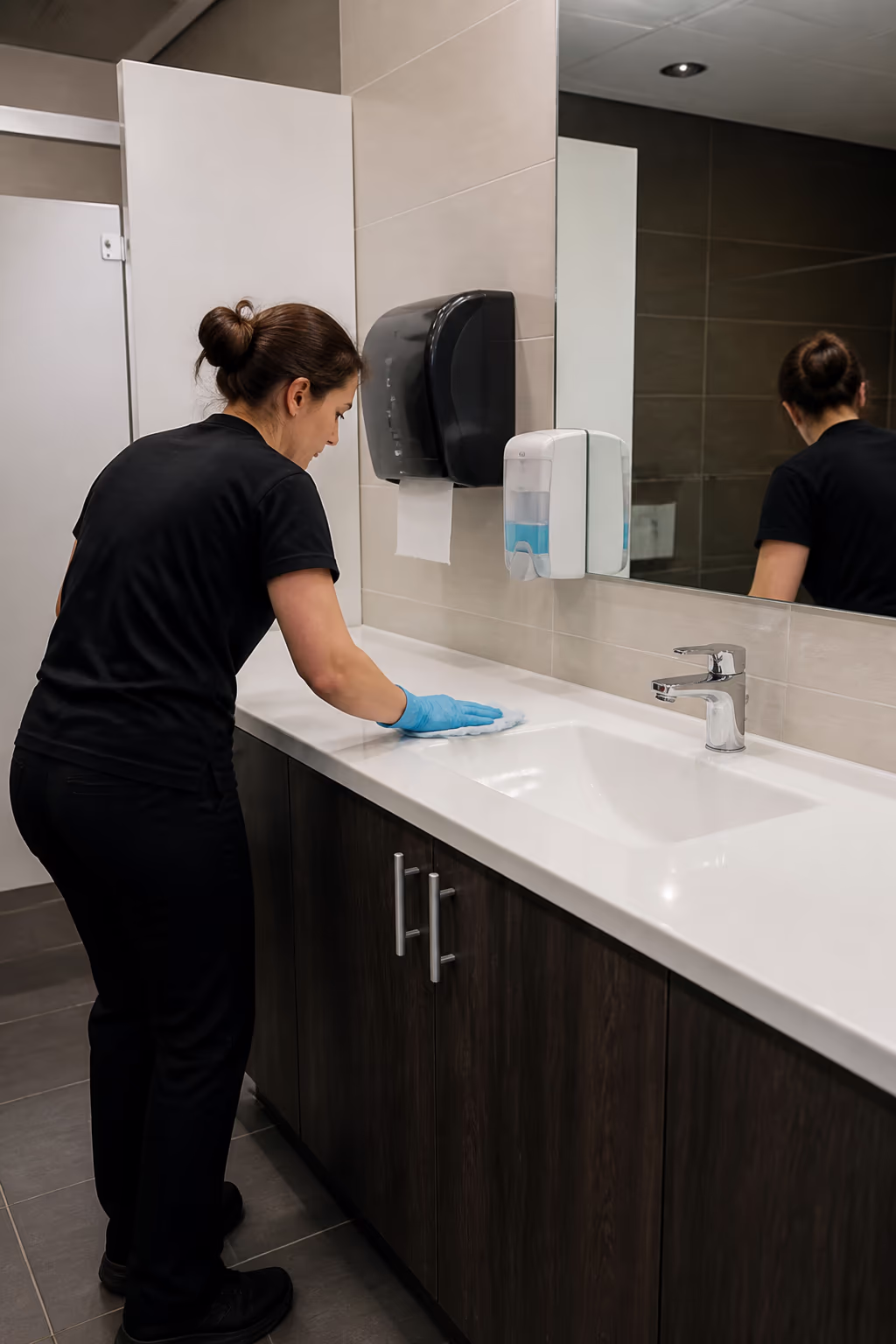 A portrait of a well-stocked Ottawa office washroom with soap, paper towels and a touchless dispenser, freshly cleaned and ready for the day.