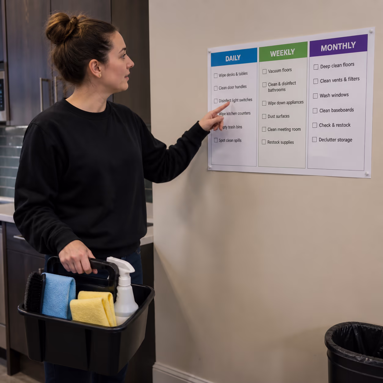 An Ottawa office manager pointing at a three-column cleaning schedule pinned in the kitchen, with daily, weekly and monthly tasks listed beside a supply caddy.