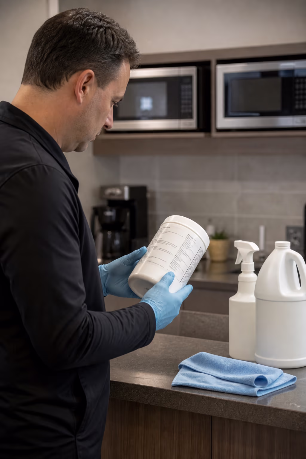 An Ottawa cleaner reading a WHMIS safety data sheet and a Health Canada registered disinfectant label before wiping a break-room counter, with EcoLogo products nearby.