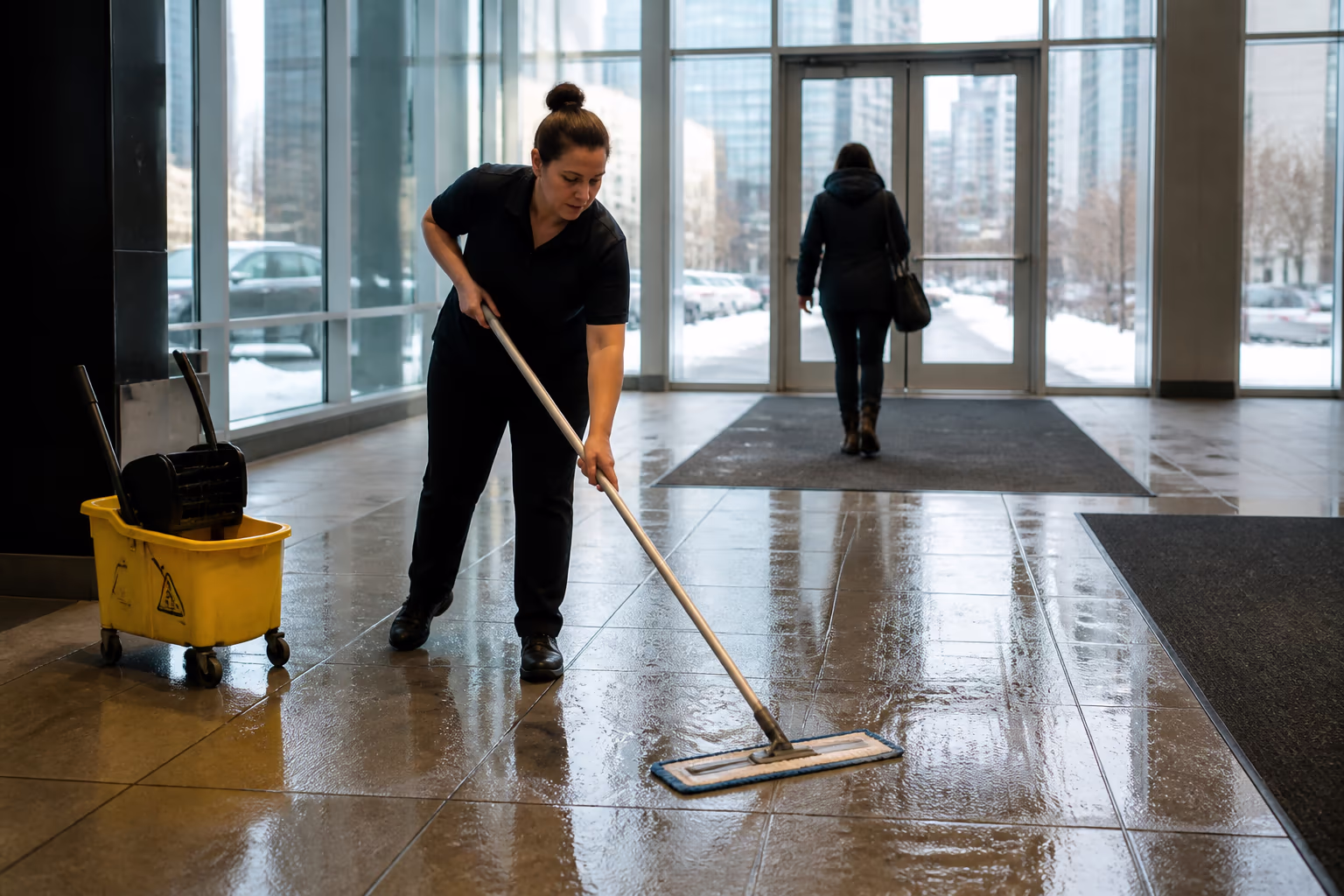 A wet Ottawa office entrance in winter with entry mats, melted salt on the lobby floor and a cleaner mopping the hard floor as staff arrive.