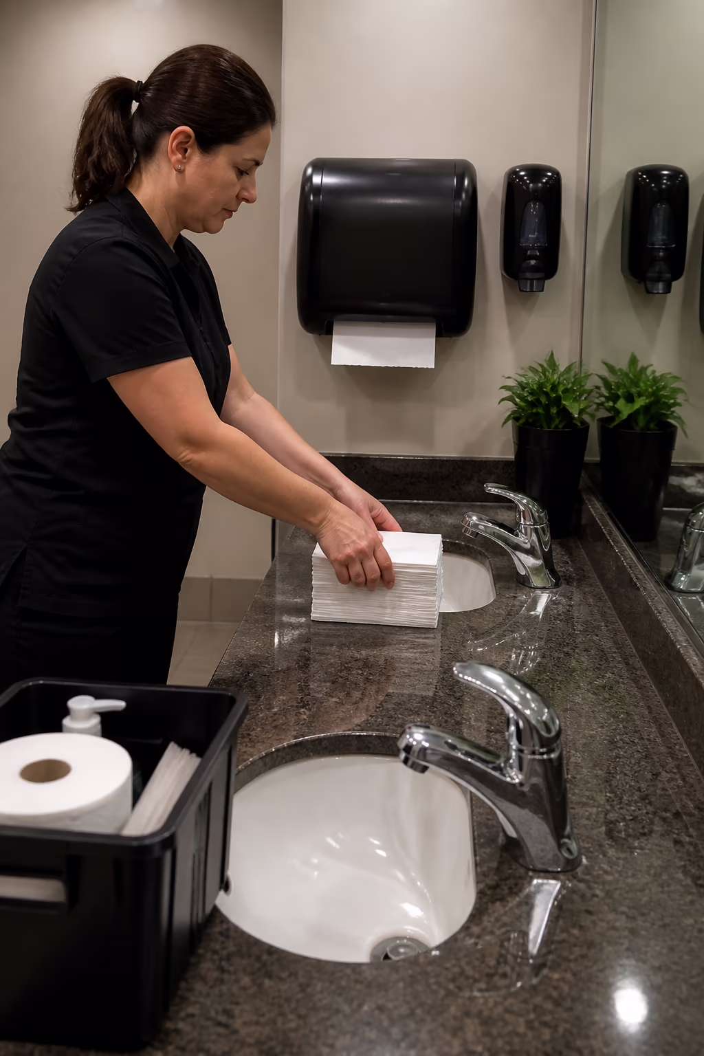 A freshly cleaned Ottawa office washroom with polished taps, stocked paper and soap dispensers, showing the nightly restock that keeps the daily checklist consistent.
