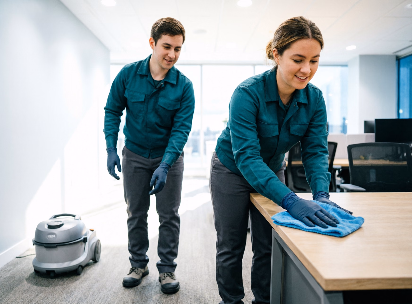 Two office cleaners in green uniforms working an open-plan office floor, vacuuming a carpeted aisle and wiping desks during an after-hours commercial cleaning visit.
