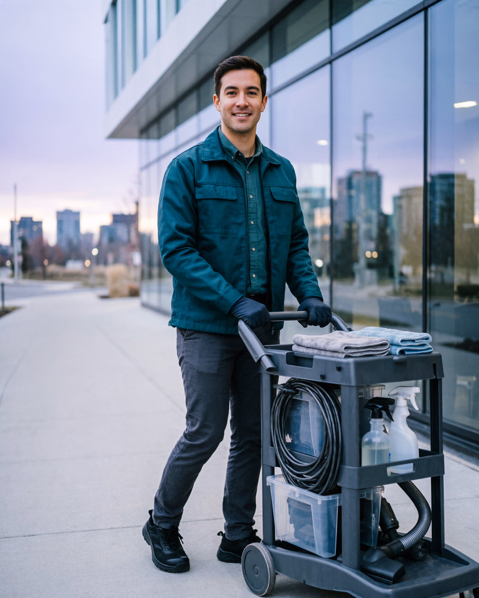 A uniformed commercial cleaner standing outside a glass office tower in Ottawa's downtown business district at dusk, carrying a supply caddy for an after-hours office cleaning visit.
