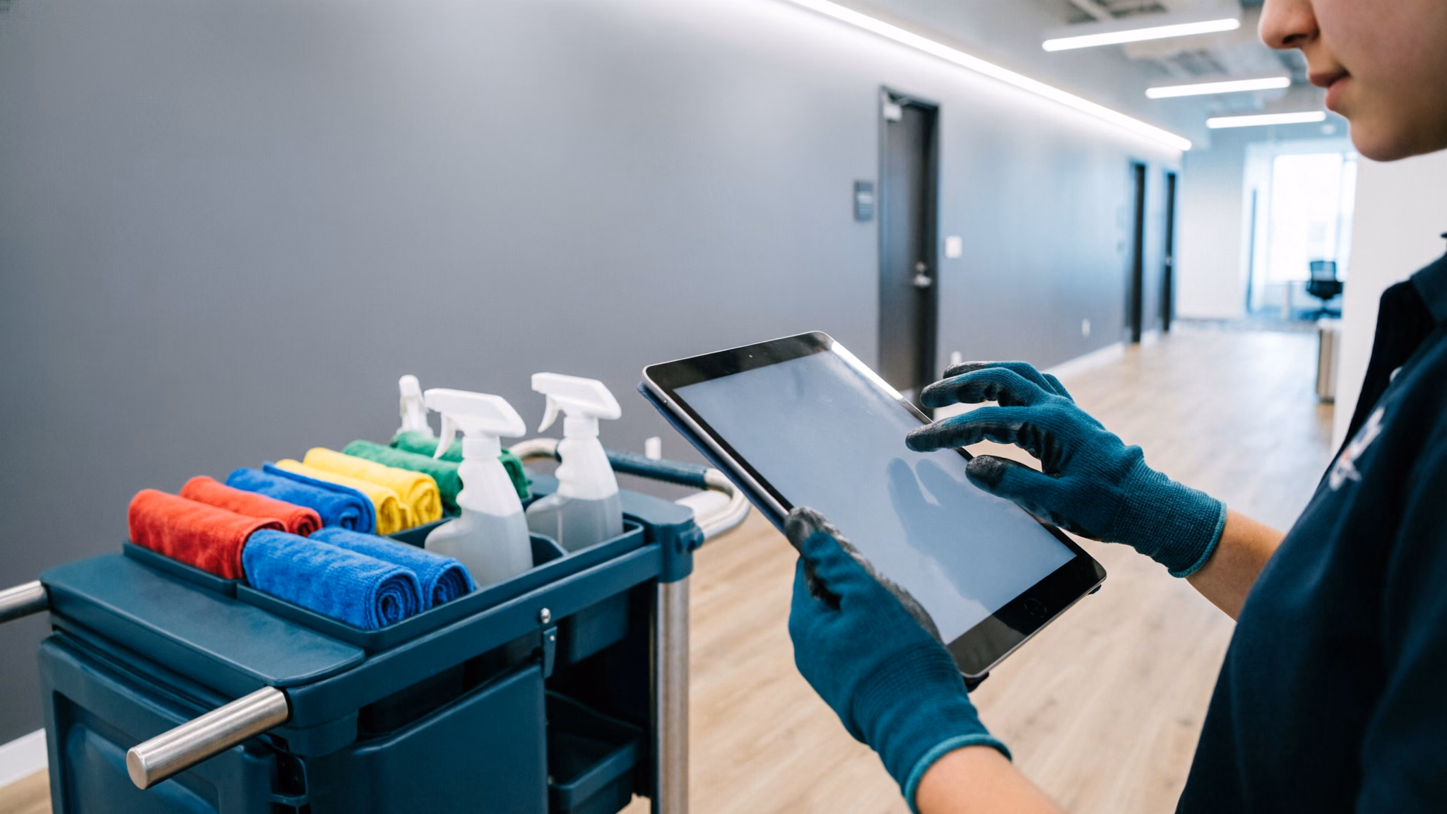 Cleaning technicians reviewing a colour-coded supply caddy and a digital inspection checklist before a nightly commercial office cleaning in Ottawa.