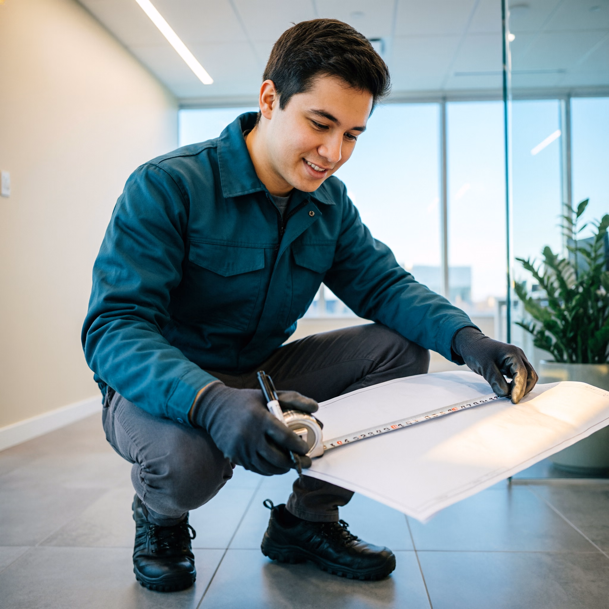 A commercial cleaner measuring a floor plan with a tape measure beside a notepad of per-square-foot office cleaning rate calculations in a bright Ottawa office.