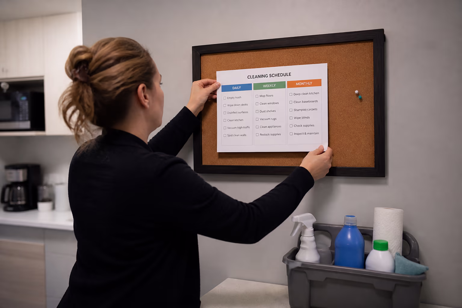 An Ottawa office manager pinning a printed cleaning schedule with daily, weekly and monthly columns to a break-room wall beside a stocked supply caddy.