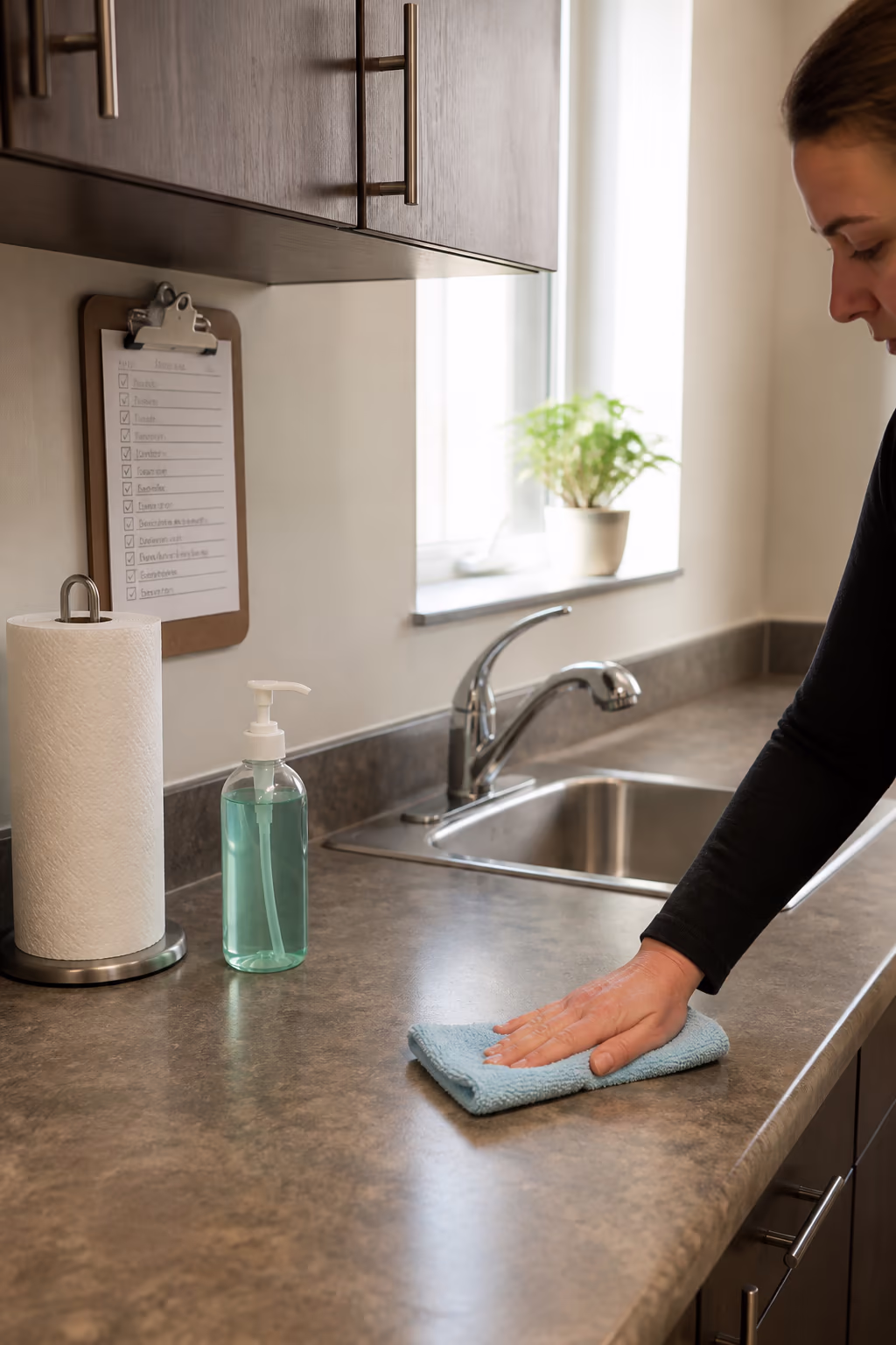 A freshly cleaned Ottawa office kitchen with polished counters, restocked paper towel and dish soap, and a completed checklist clipboard hanging on the wall.