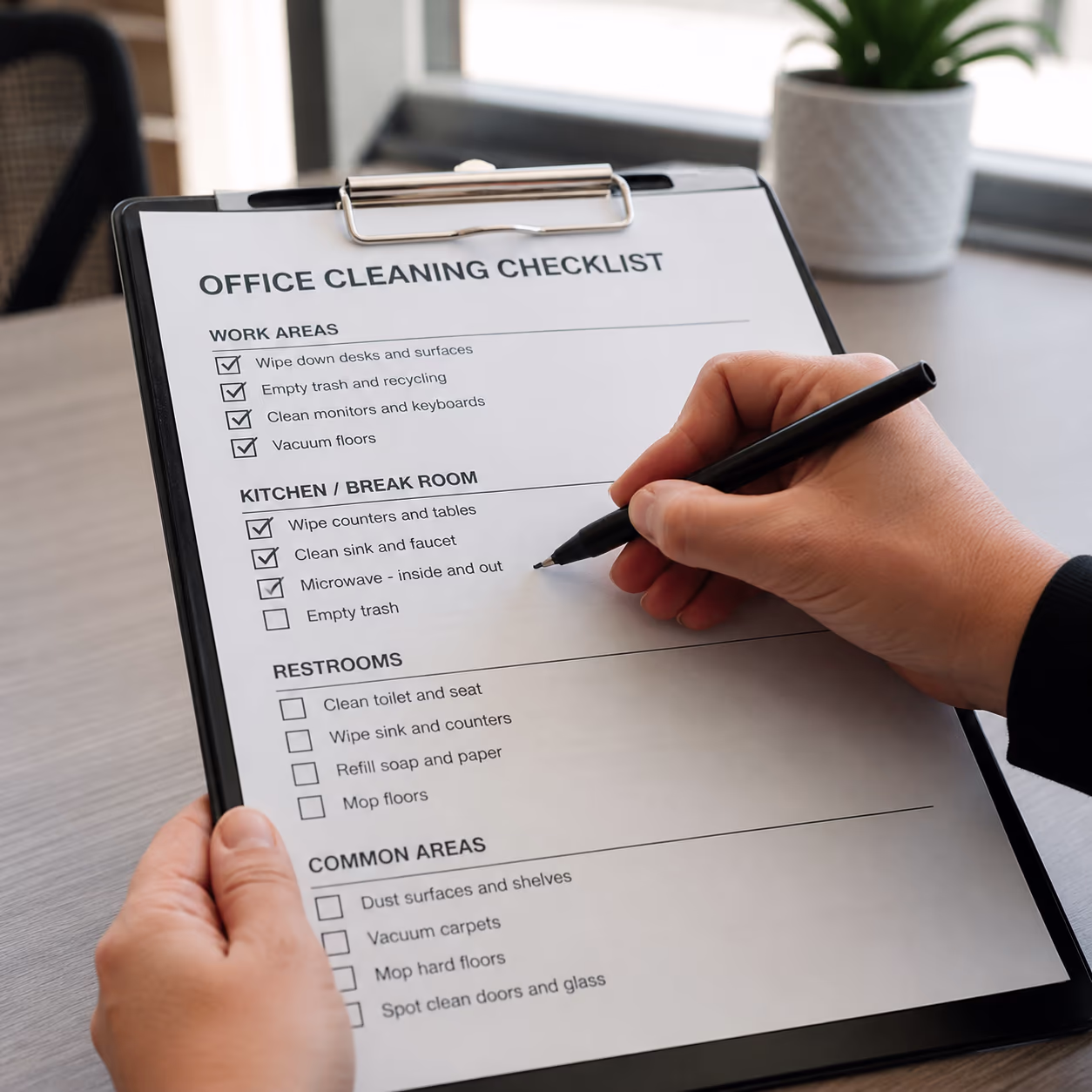 A close-up of a hand ticking off items on a laminated office cleaning checklist clipped to a clipboard on a desk in a bright Ottawa office.