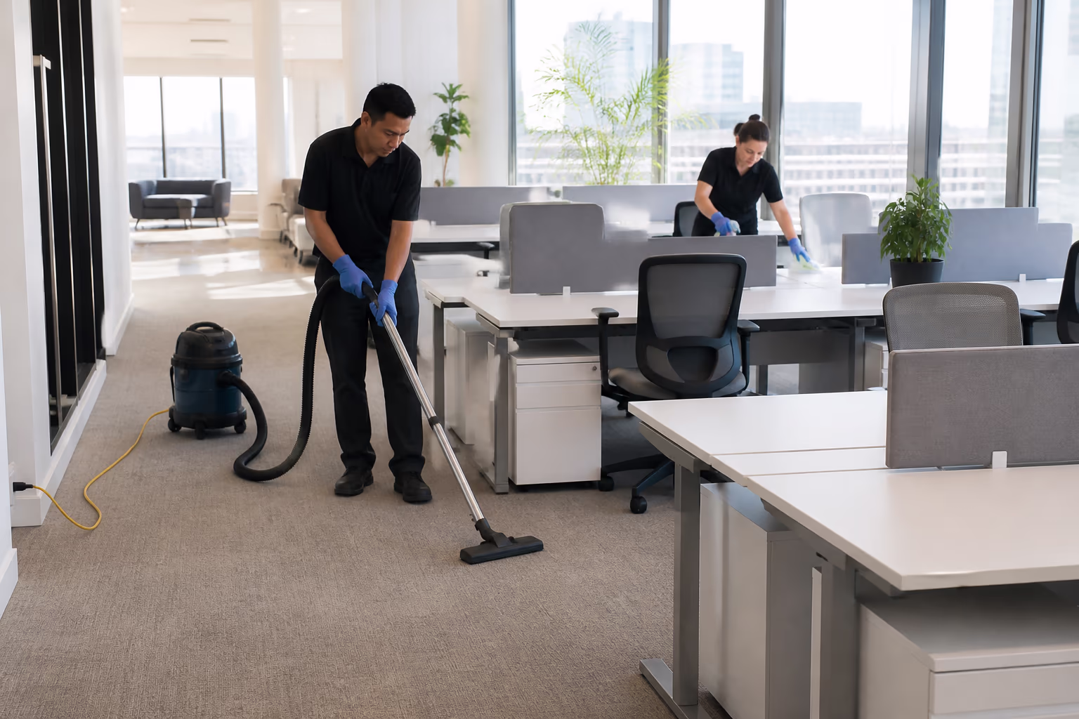 A professional cleaning crew vacuuming and wiping desks across a daylit Ottawa open-plan office while a floor care technician mops the aisles.