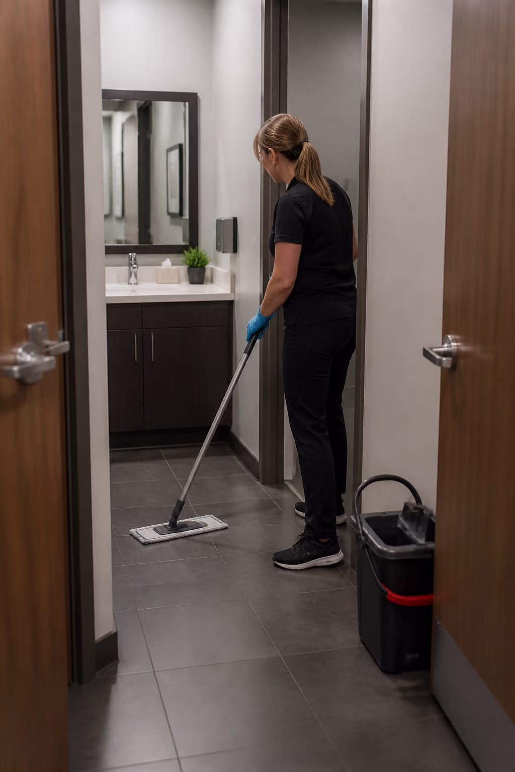 A well-stocked, freshly cleaned Ottawa office washroom with polished fixtures, full soap and paper dispensers and a mopped, dry floor.