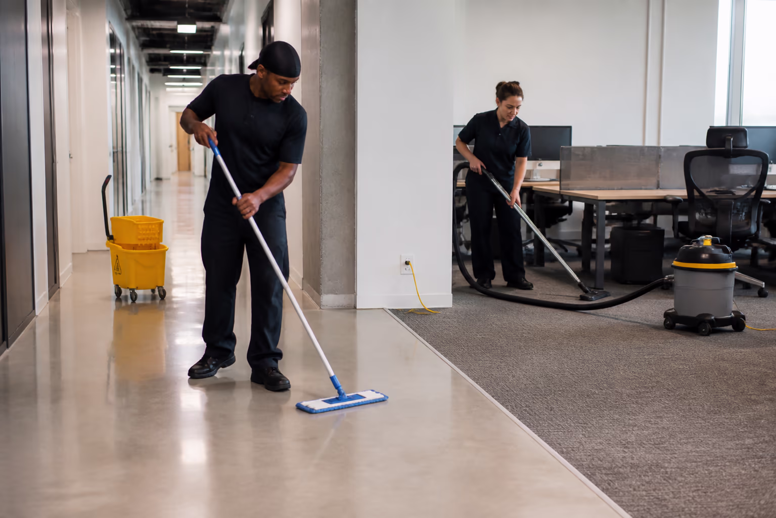 A floor care technician mopping a polished hard-surface corridor in an Ottawa office while a colleague vacuums the edge of a carpeted workspace.