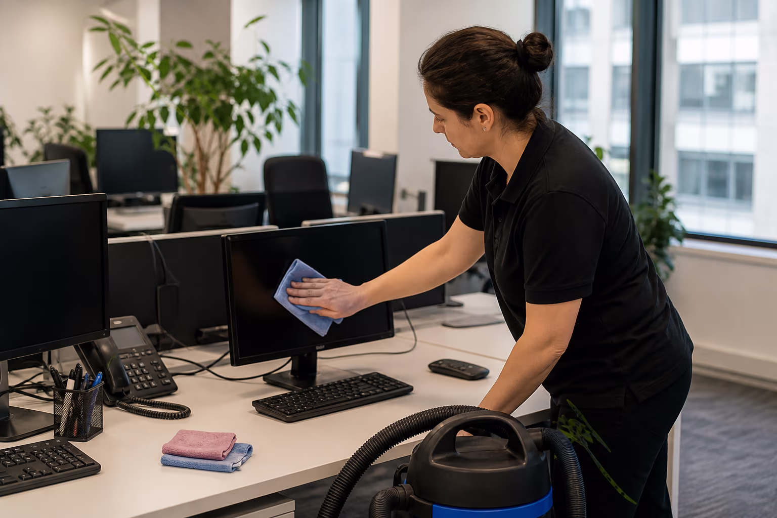 A professional cleaner dusting monitors, keyboards and shared desks in a bright open-plan Ottawa office, with microfibre cloths and a HEPA vacuum nearby.
