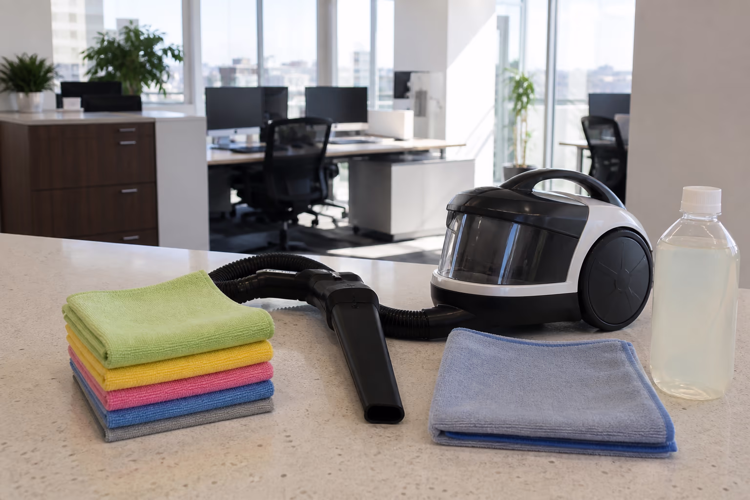 A landscape view of an office dusting kit on a counter: a pack of microfibre cloths, a HEPA vacuum with a crevice attachment, a lint-free screen cloth and a mild cleaner in a bright Ottawa office.