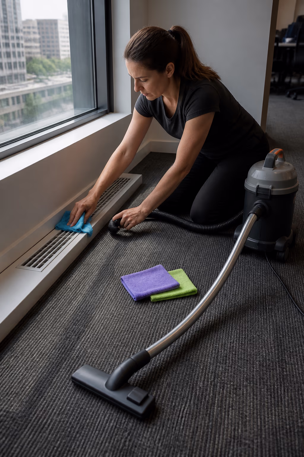 A portrait of a cleaner wiping dust from an office vent register and window sill with a microfibre cloth, a vacuum attachment and fresh cloths nearby in a bright Ottawa workspace.