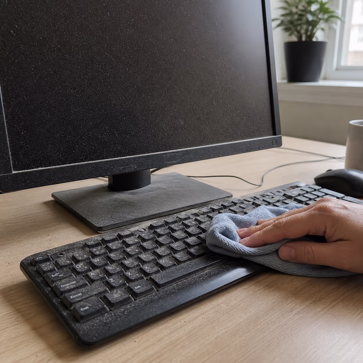 A close view of a fine grey film of dust on an office monitor, keyboard and desk in a bright Ottawa workspace, with a slightly damp microfibre cloth mid-wipe.