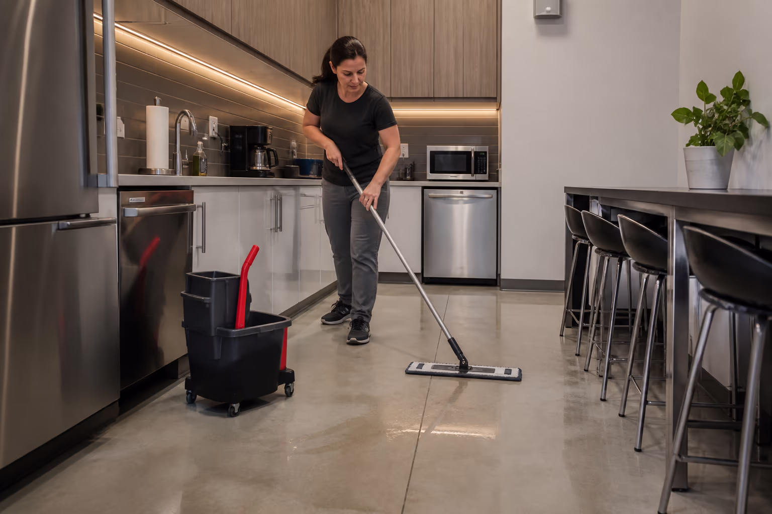 A wide view of a spotless commercial office kitchen in Ottawa after a monthly deep clean, with polished stainless appliances, wiped cabinets and a freshly mopped floor.