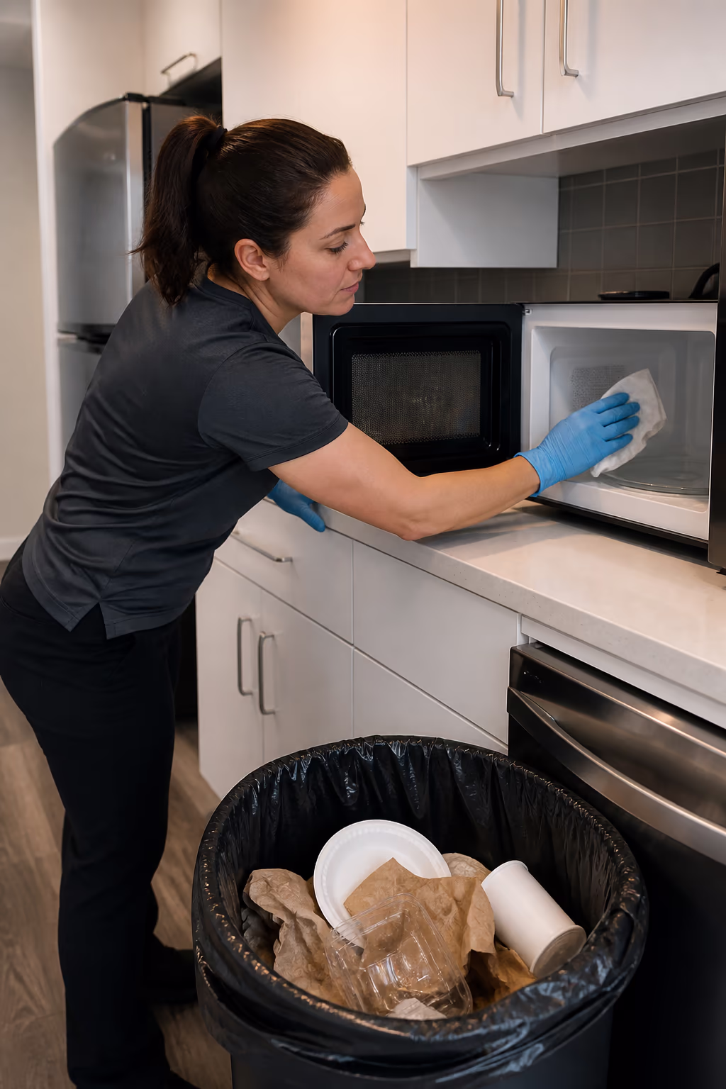 A portrait of a professional cleaner checking the microwave interior and emptying a full bin liner during an office kitchen reset in Ottawa, with clean counters behind.