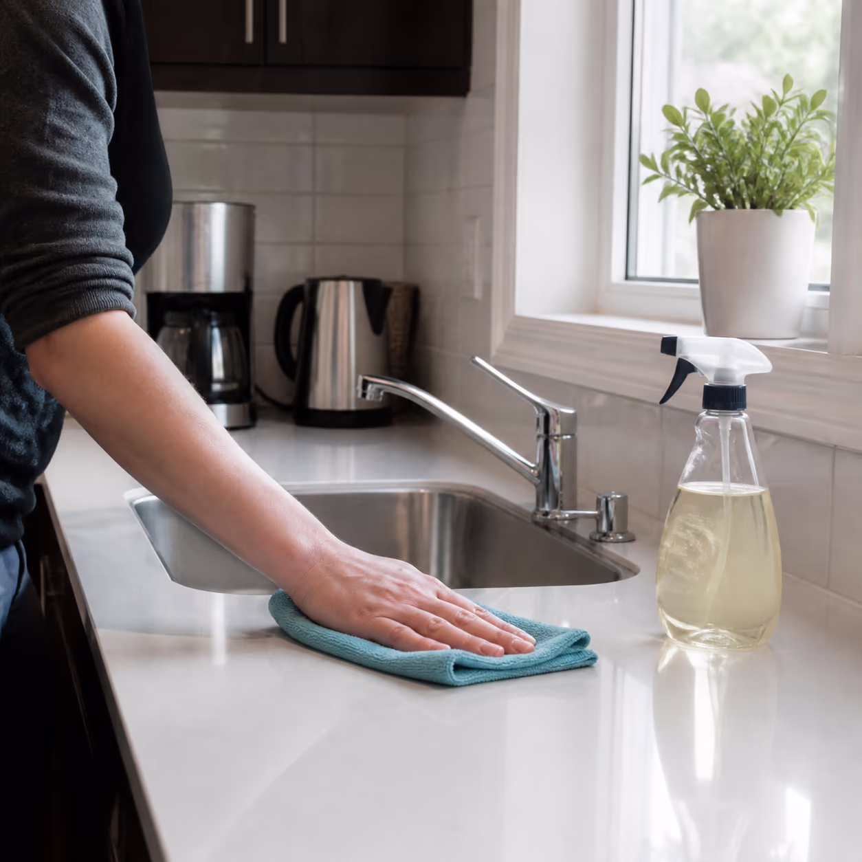 A close-up of a clean office kitchen sink and counter with a food-safe spray bottle and a folded microfibre cloth in a daylit Ottawa break room.