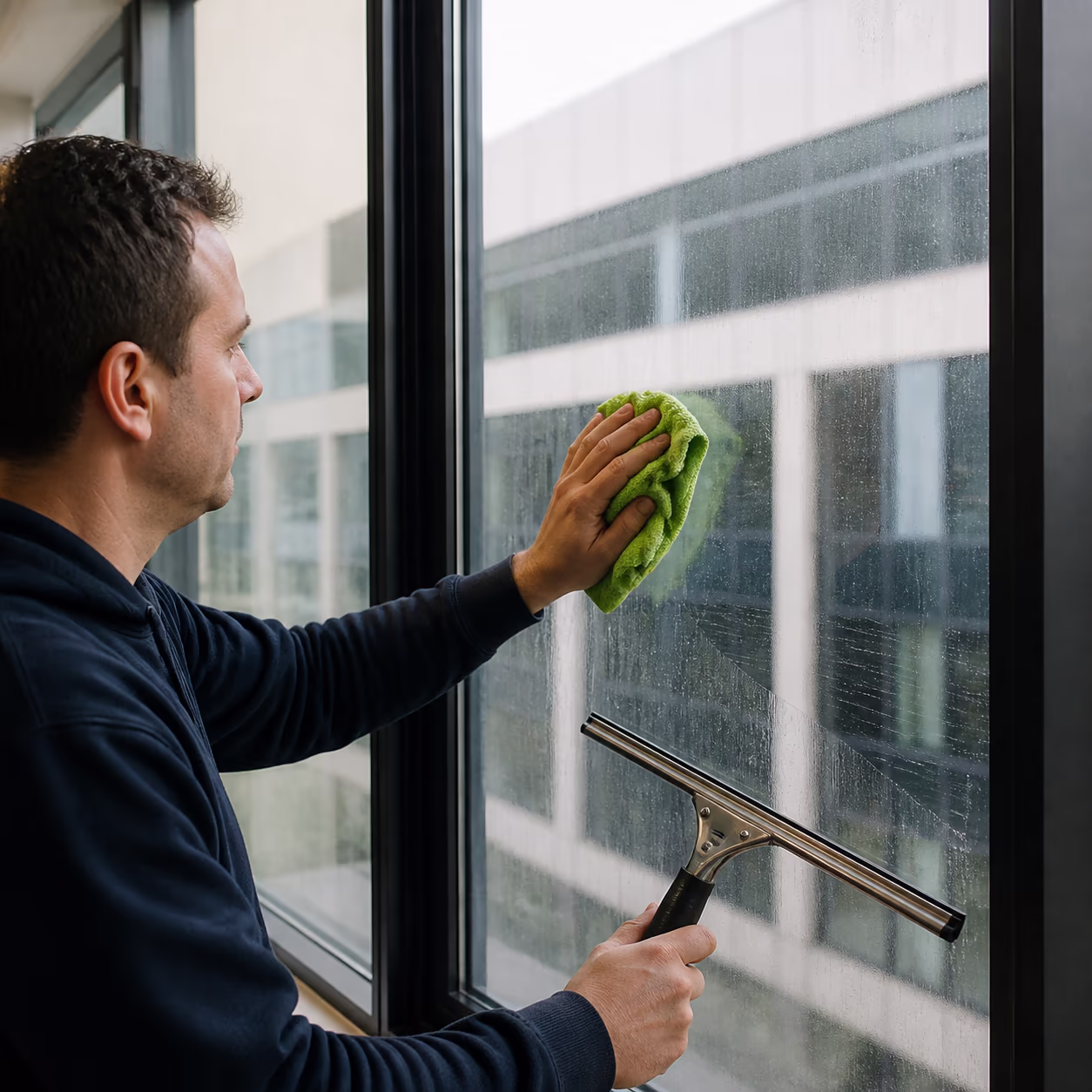 A close view of a grimy office window pane in an Ottawa workspace, with a cleaner wiping the glass with a microfibre cloth and a squeegee nearby.