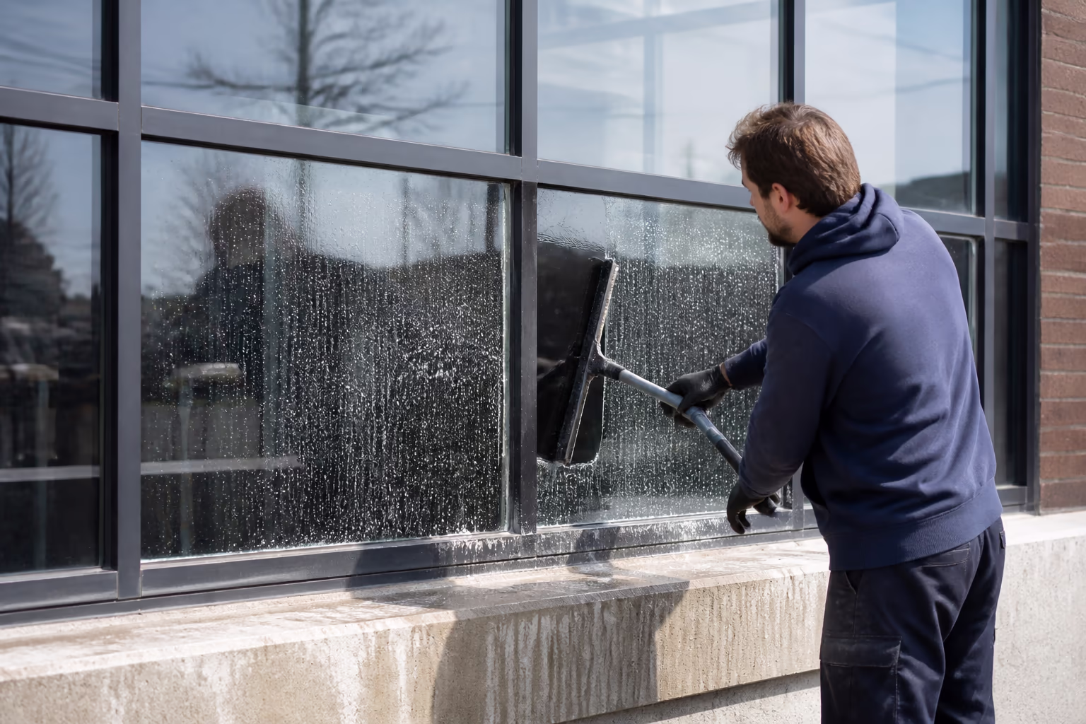 An exterior view of Ottawa office windows showing winter salt spray and mineral spots in early spring, with a cleaner rinsing the lower panes from a stable platform.