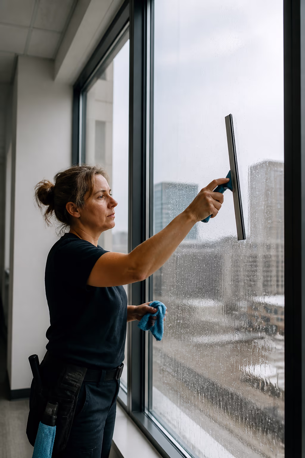 A portrait of a cleaner pulling a squeegee down a large office window pane in a bright daylit Ottawa office, wiping the blade between passes.