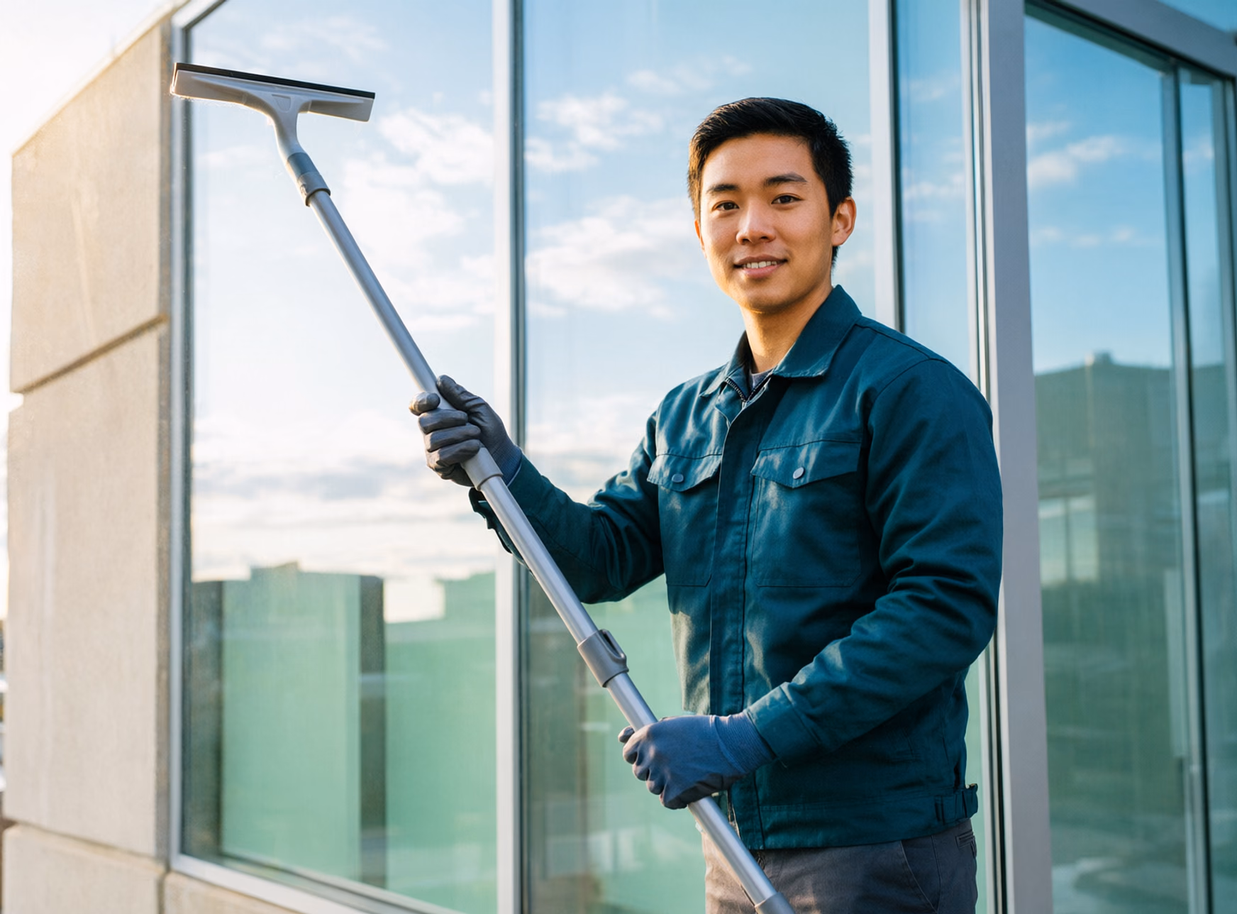A portrait of a cleaning technician working on upper office windows at height with a squeegee and an extension pole in Ottawa.