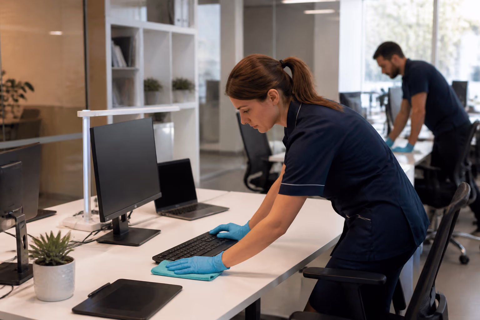 Two commercial cleaners wiping shared desks, keyboards and high-touch points in a bright open-plan Ottawa office while employees work a few feet away.