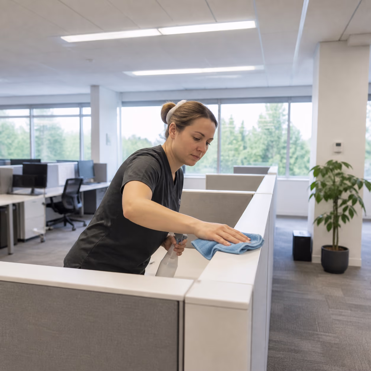 A commercial cleaner dusting ledges and the tops of low partitions in a daylit Ottawa open-plan office, showing how dust spreads when there are no walls to contain it.