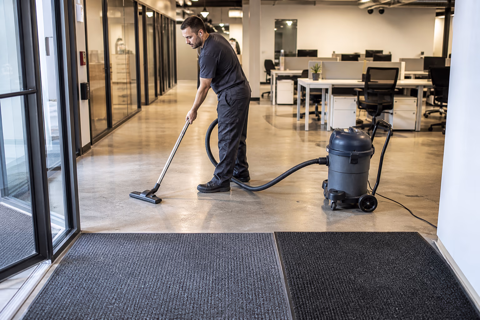 A commercial cleaner vacuuming a high-traffic aisle near the entrance of an Ottawa open-plan office, with scraper and absorber mats laid down to catch winter salt and slush.