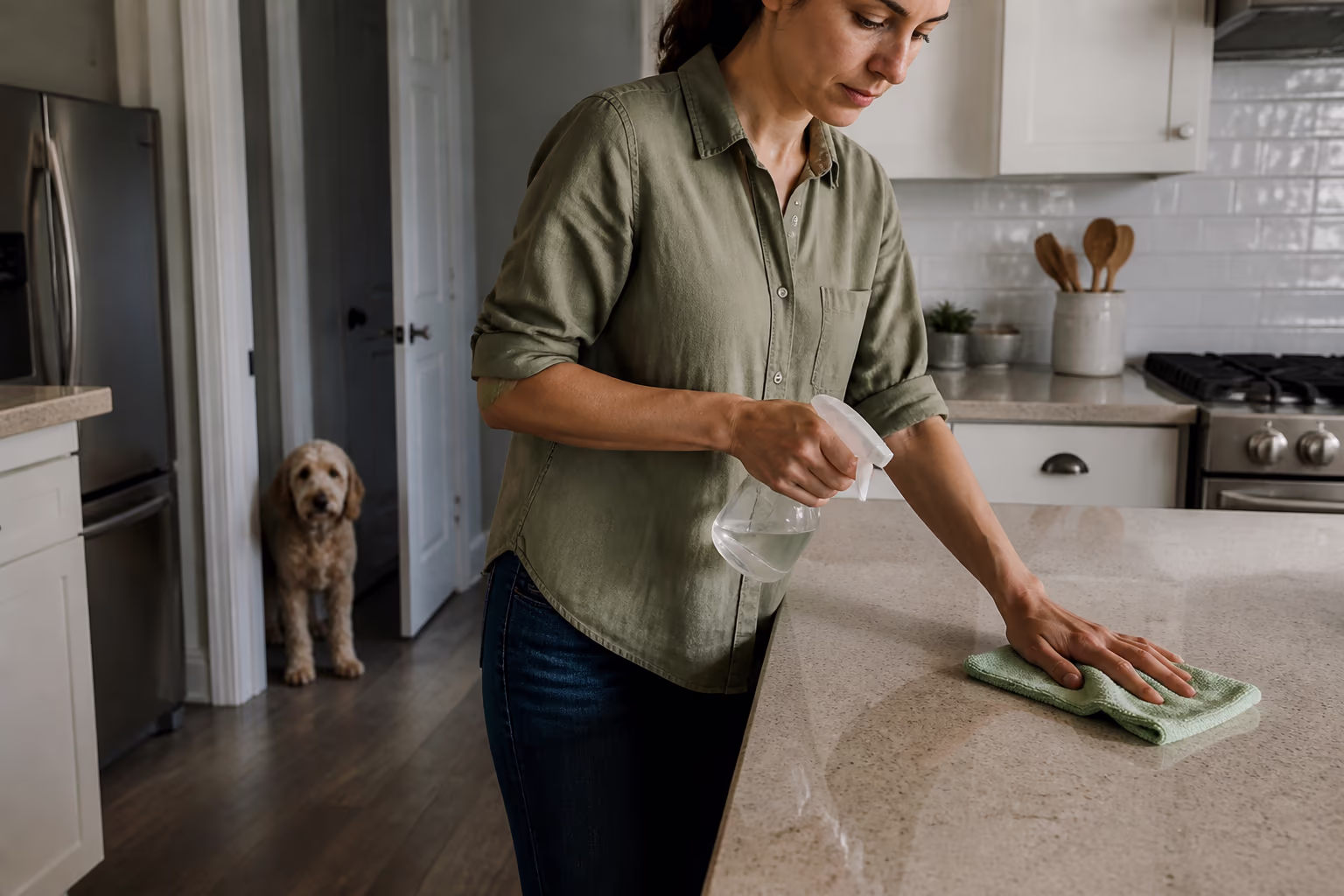 A cleaning technician holding a microfibre cloth and a fragrance-free spray bottle in a bright Ottawa kitchen, a calm dog watching from the doorway, capturing the gentle products a pet-safe home uses.
