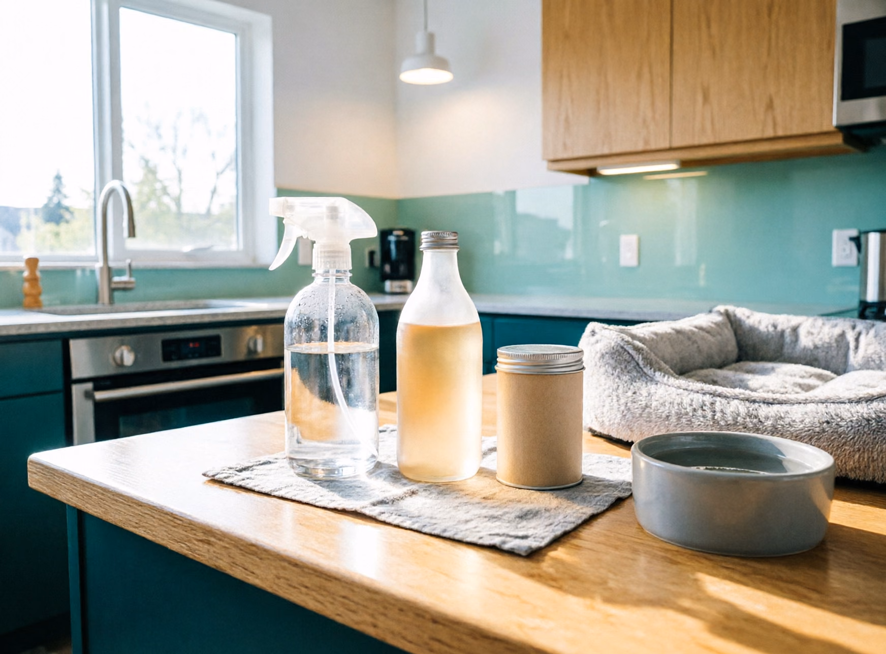 A wide view of a DIY pet-safe cleaning station on an Ottawa kitchen counter, white vinegar, baking soda and a spray bottle laid out beside a dog's bed and water bowl.