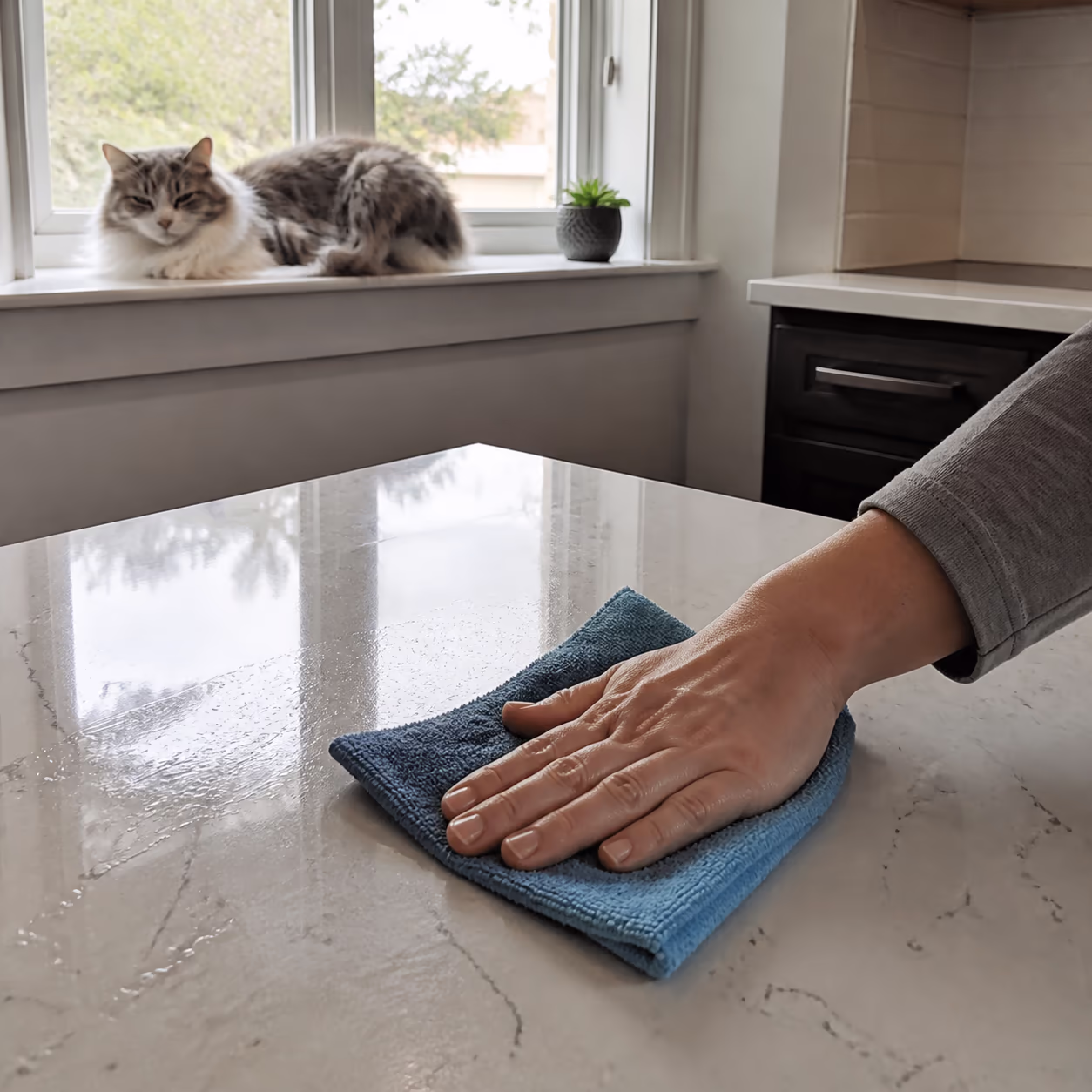 A square close-up of a microfibre cloth wiping a kitchen counter in an Ottawa home while a cat rests on a windowsill, the everyday pet-safe surface cleaning the guide describes.